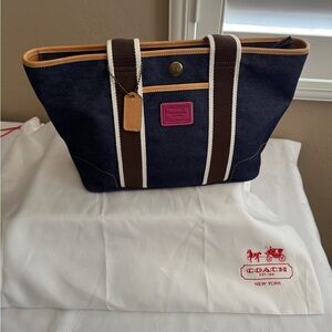Coach Hampton Denim Tote Bag 4498 Leather Canvas Handles Pink Hang Tag